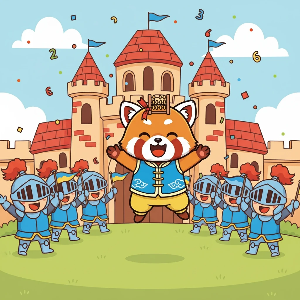 最后,小点点来到了一个城堡前,城堡里有九位勇敢的骑士。他们热情地欢迎小点点的到来,共同庆祝数字探险的胜利。