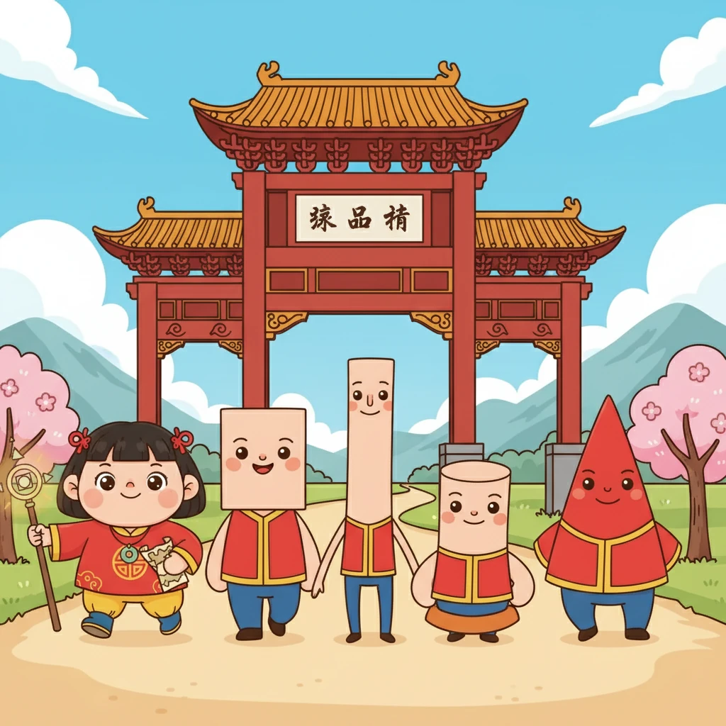 小圆决定踏上旅程。方方、长条、柱柱、锥锥纷纷加入队伍。他们排着队，兴高采烈地向村口的大牌坊出发，准备迎接未知的冒险。