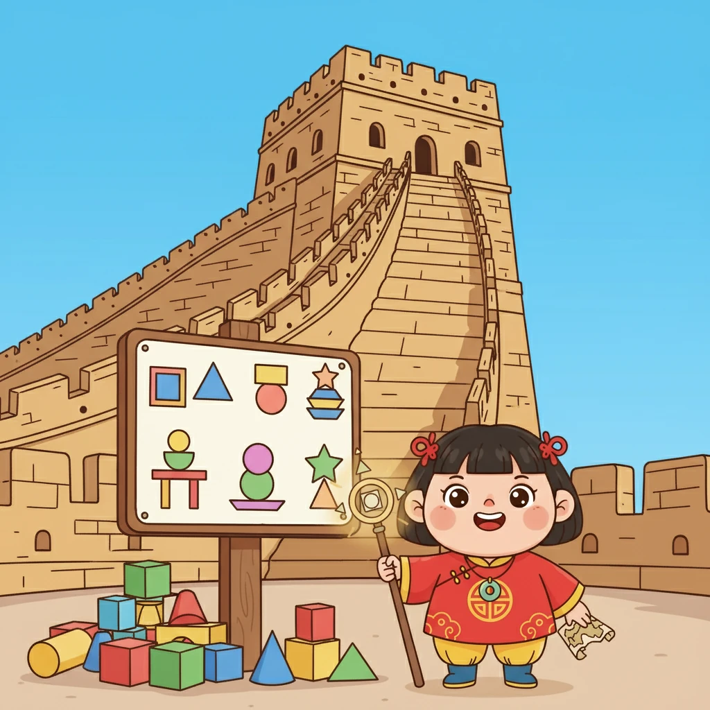 第一道关卡，是高高的万里长城！要通过这里，必须搭建稳固的“形状之塔”。关卡台前竖立着提示牌，指引着他们如何通过。