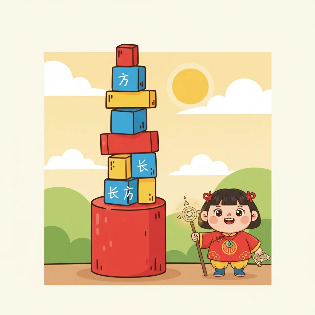 柱柱站在最底层——圆柱最稳！方方和长条叠在上面。小圆在旁边为他们加油，最终，形状之塔稳稳地站住了！