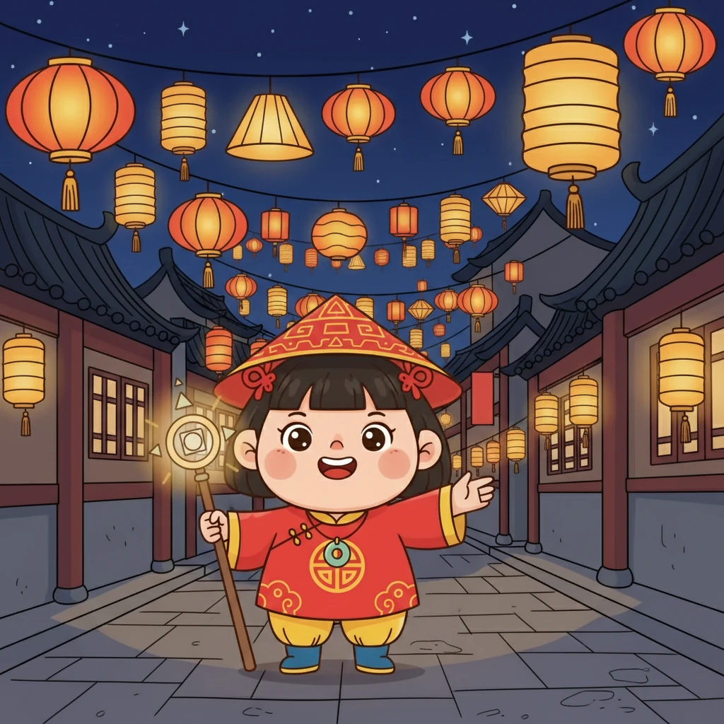 夜幕降临，大家来到古镇灯会。灯笼亮闪闪，有圆形、柱形、锥形……迷宫就在灯影之中。锥锥挺起尖尖的帽子，说：“我来带路！”