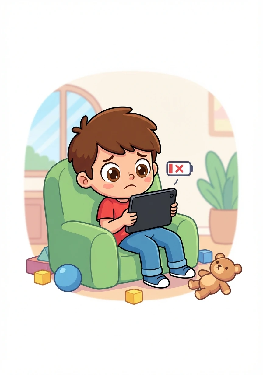 Um dia, o tablet de Léo descarregou. Ele tentou ligá-lo, mas nada aconteceu. Léo se sentiu entediado e frustrado.