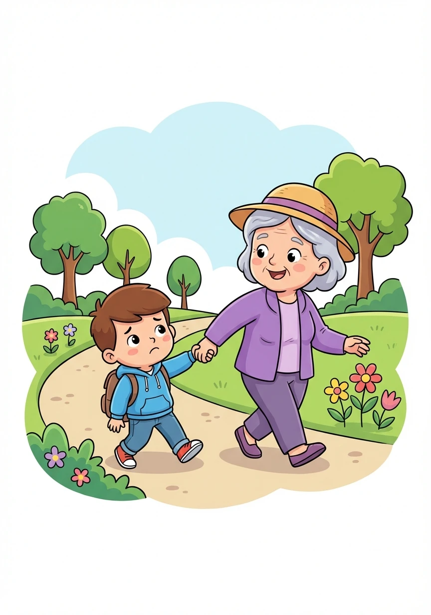 Sua avó, Vovó Ana, sugeriu uma caminhada no parque. Léo resistiu, mas acabou cedendo ao convite.