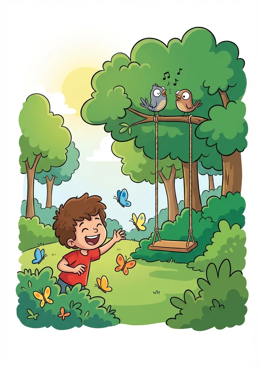 No parque, Léo encontrou borboletas coloridas e ouviu o canto dos pássaros. Descobriu um balanço escondido entre as árvores.