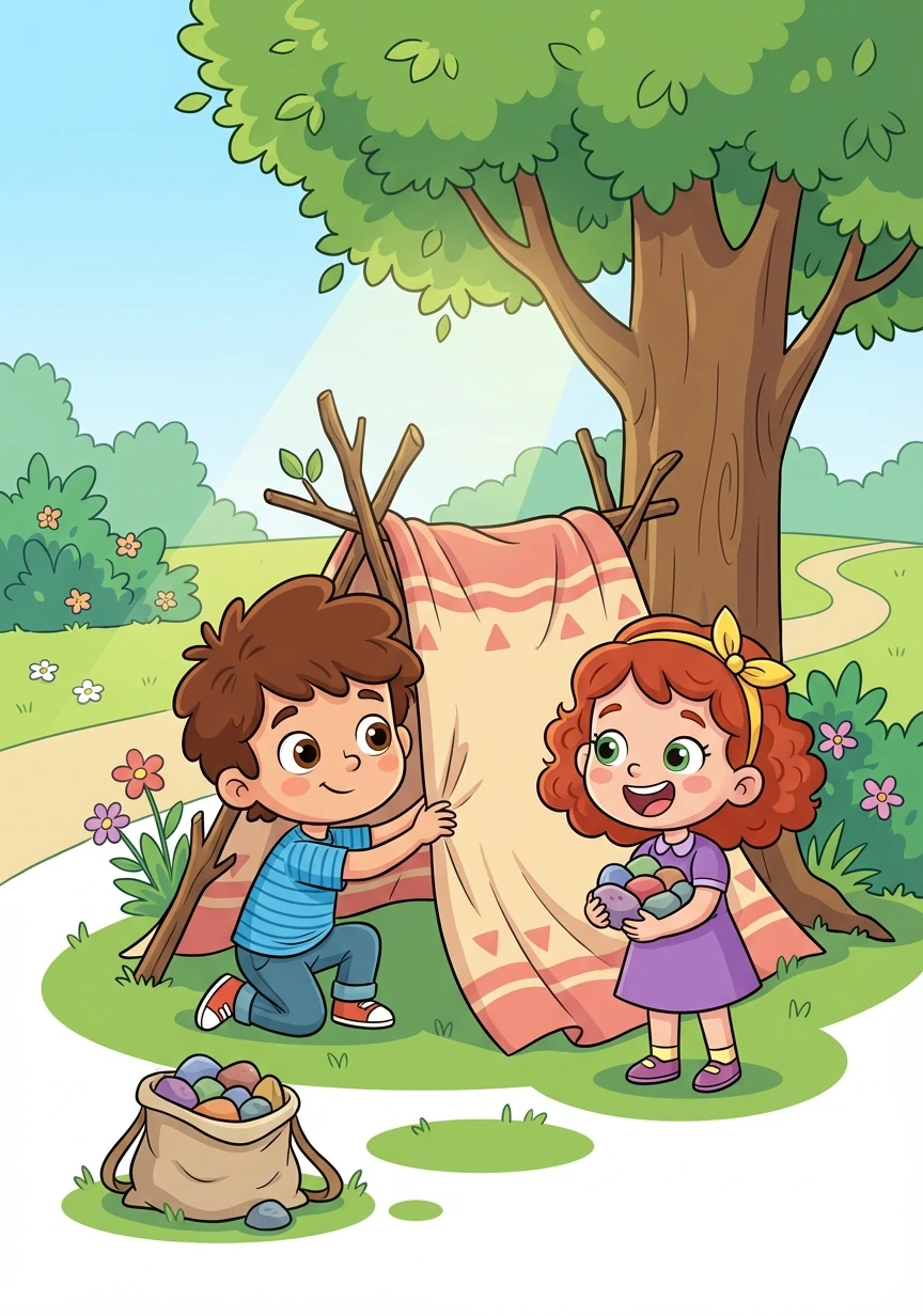 Léo conheceu Sofia, uma menina que adorava colecionar pedras diferentes. Juntos, eles exploraram o parque e criaram uma cabana secreta.