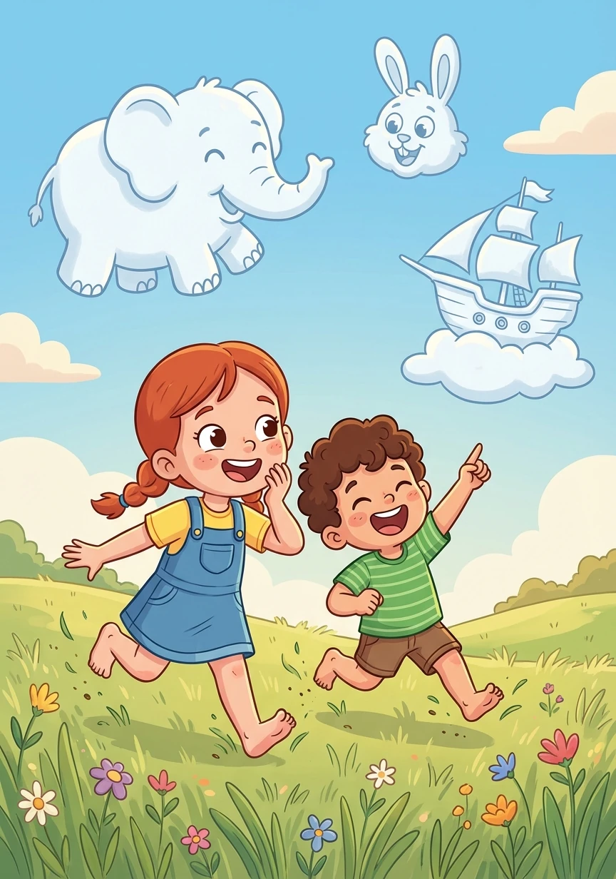 Sofia ensinou Léo a observar as nuvens e encontrar formas divertidas. Eles riram e correram, sentindo a grama macia nos pés.