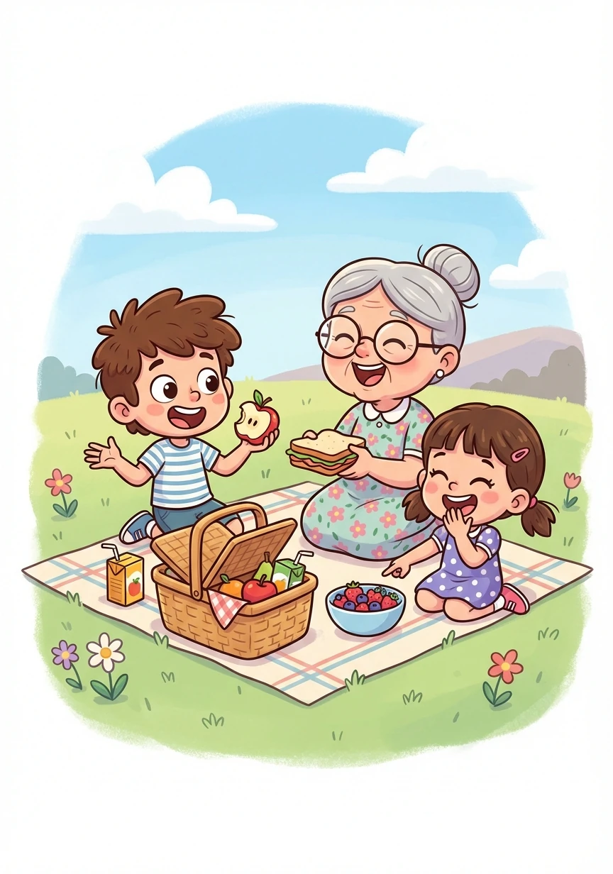 Vovó Ana preparou um piquenique delicioso. Léo e Sofia comeram sanduíches e frutas frescas, compartilhando histórias e risadas.