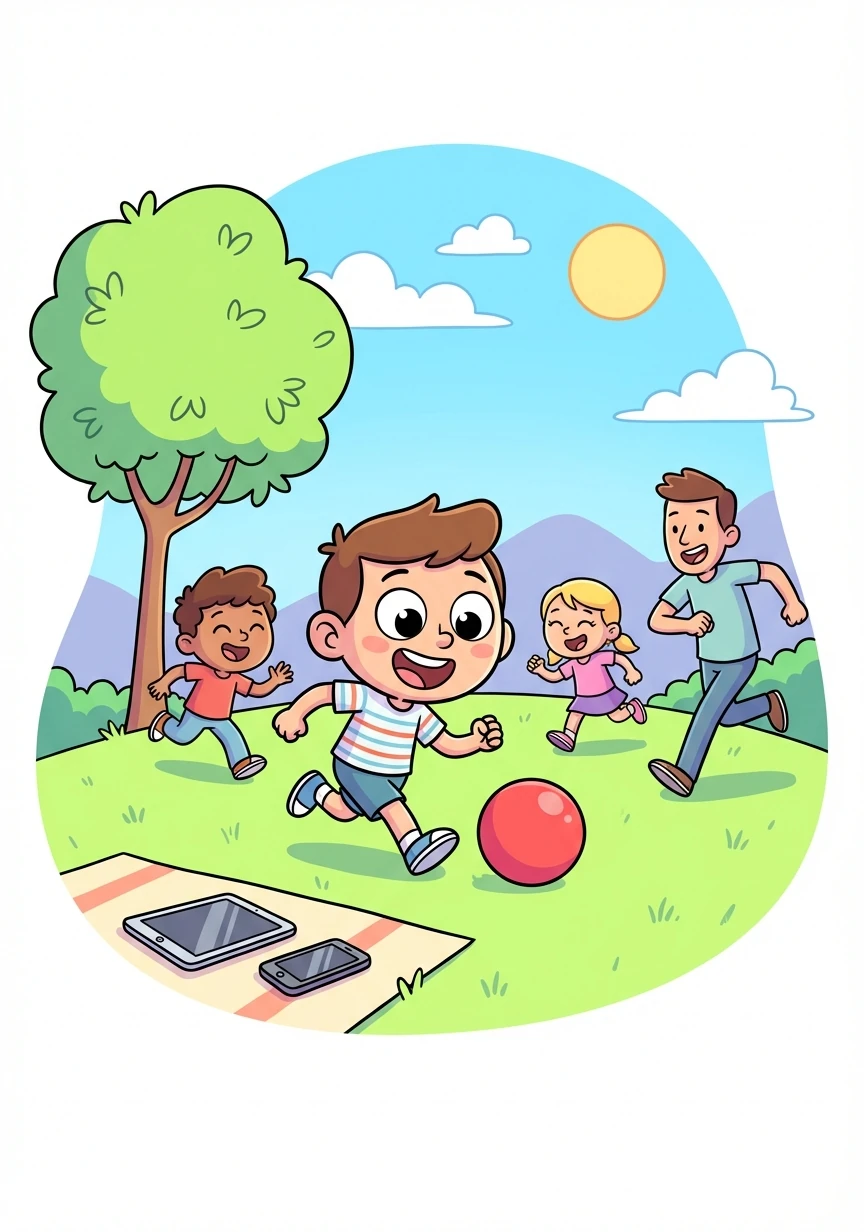 Léo decidiu limitar seu tempo de tela e dedicar mais tempo para brincar ao ar livre com seus amigos e família.