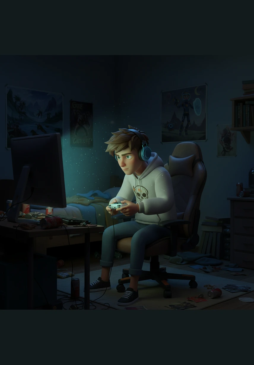 Back at home, Leo sits in a dark, cluttered room, the blue light of a video game screen reflecting in his tired eyes. He ignores his mother’s concerned voice calling from the hallway, choosing the digital world over his family and responsibilities.