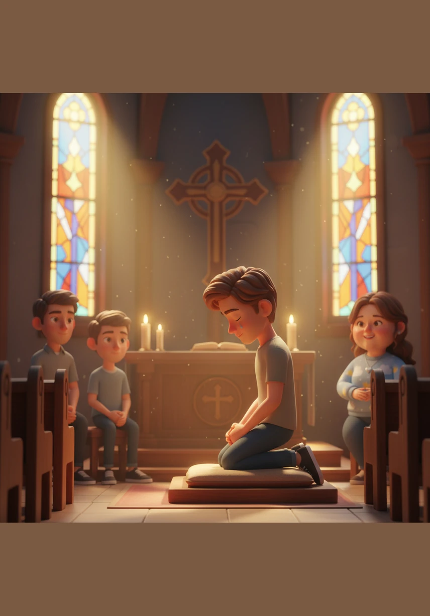 Inside the quiet sanctuary, Leo kneels at the altar during a moment of prayer, a single tear rolling down his cheek. He feels a heavy weight lifting off his shoulders, replaced by a newfound sense of peace and a desire to start his life over with Christ.