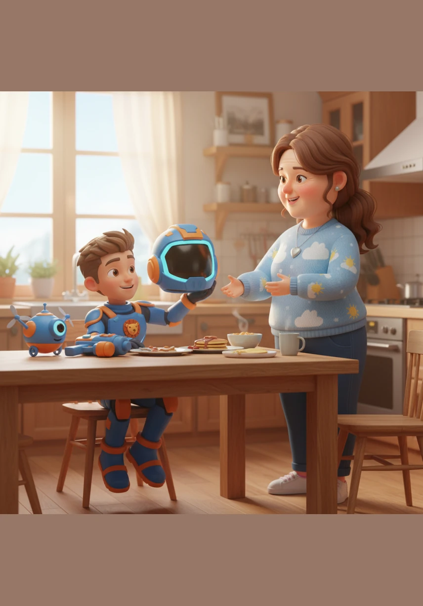 In the bright morning light of the kitchen, Leo surprises his parents by washing the breakfast dishes and cleaning the counters without being asked. His parents look on with wide eyes and joyful smiles, deeply touched by his sudden change of heart and helpful spirit.