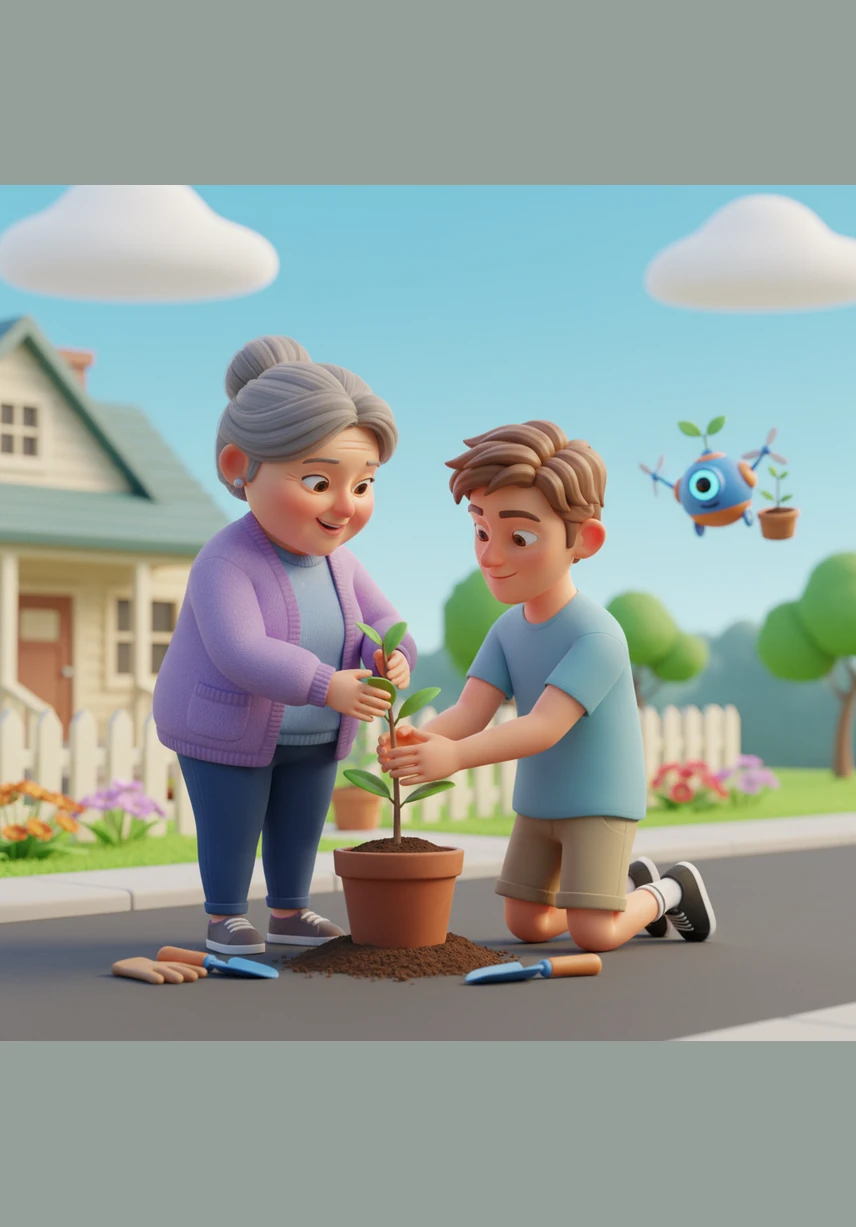 Leo stops to help an elderly neighbor carry heavy grocery bags up her front steps, showing genuine respect and care. He listens patiently to her stories, realizing the value of honoring those around him and the wisdom of his elders.