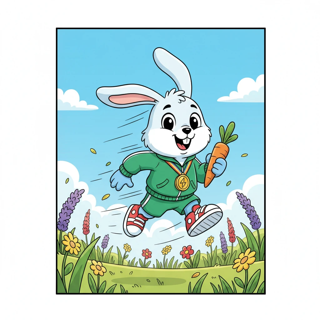 Pip the Rabbit, a blur of fluffy white fur, loved to zoom across the sunny meadow. He was the fastest in the land, always showing off his super-speedy hops with a confident grin. The wildflowers would sway as he whizzed by, a joyful streak of energy.