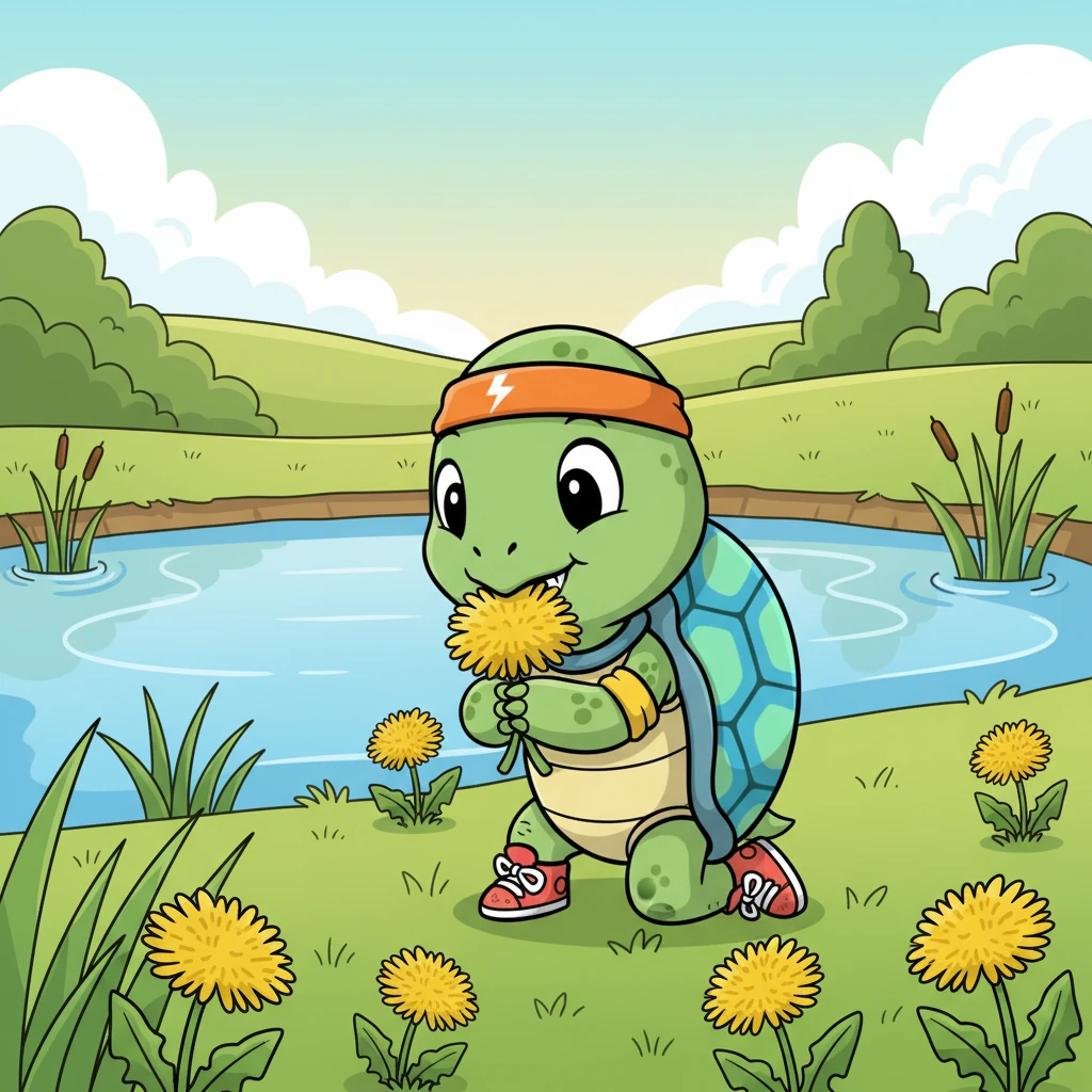 Meanwhile, Shelly the Turtle, with her shiny green shell, enjoyed her days munching on juicy dandelions by the sparkling pond. She moved with calm, deliberate steps, always taking her time to enjoy the beauty around her.
