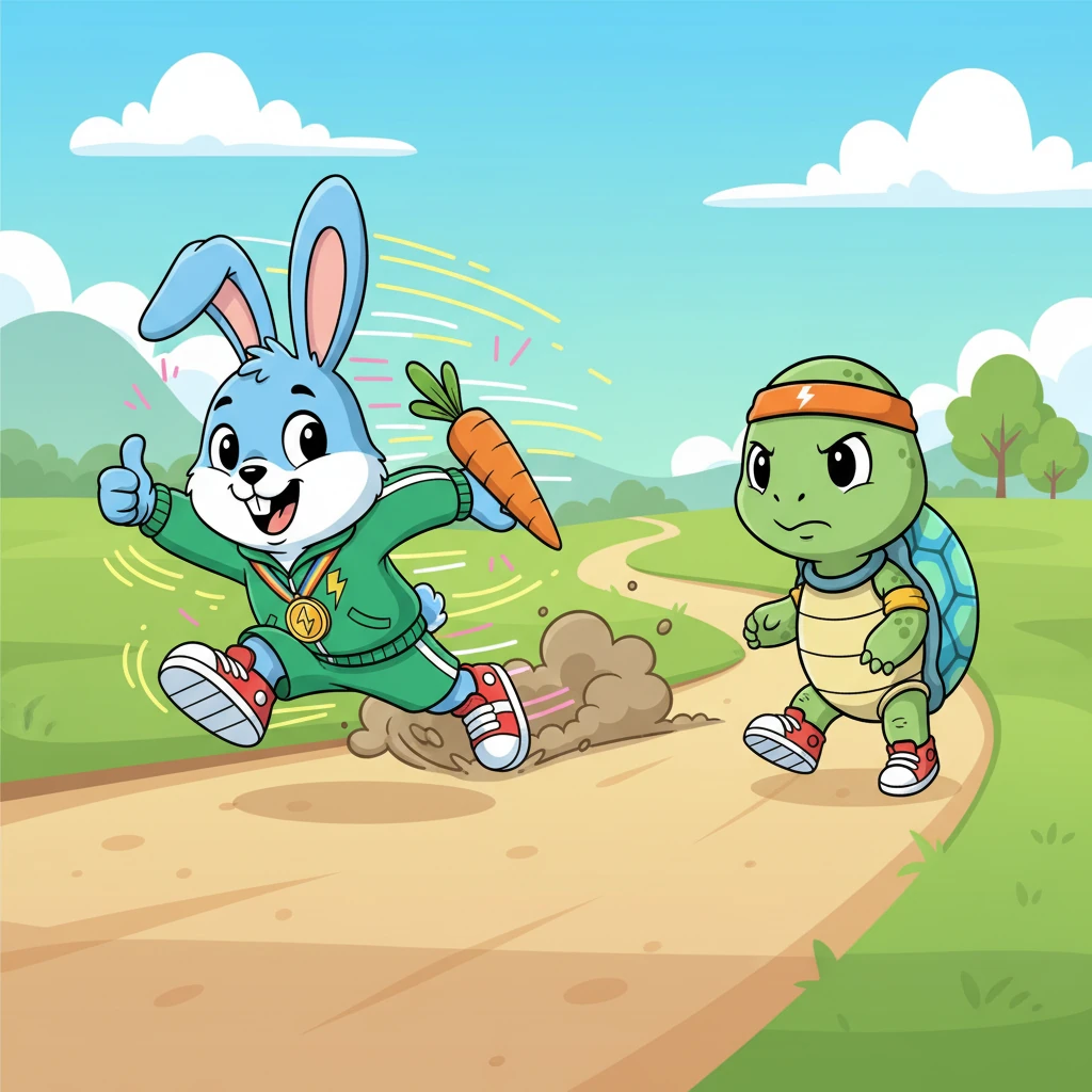 The race began with a friendly cheer! Pip shot off like a rocket, leaving a trail of dust and laughter behind him. Shelly, with a determined expression, began her journey, one steady, unhurried step after another.