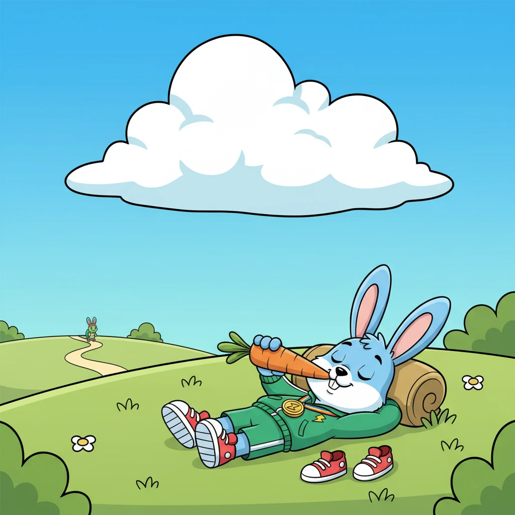 Far ahead, Pip felt so confident that he decided to take a little nap under a giant, fluffy cloud. He stretched out, imagining himself already munching on the biggest carrot, certain Shelly was still miles behind him.