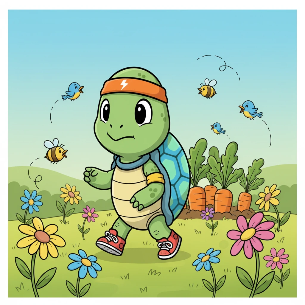 Shelly continued her race, moving slowly but surely. She passed dancing wildflowers, heard chirping birds, and saw busy bumblebees, never stopping or looking back. Her focus was solely on the carrot patch ahead.