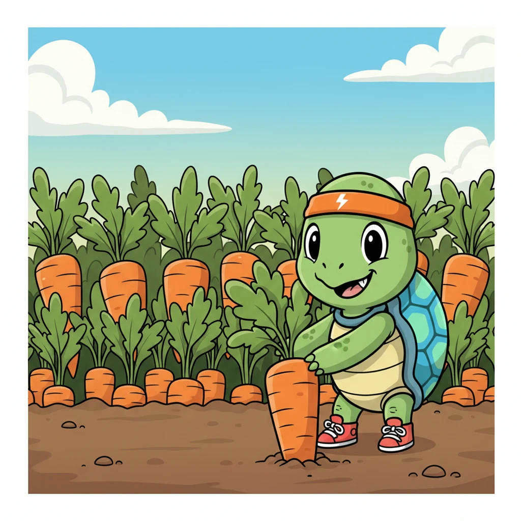 With quiet persistence, Shelly finally reached the very edge of the big, juicy carrot patch. Her eyes widened slightly in surprise, a small, proud smile forming on her face. The finish line was just a shell-length away.