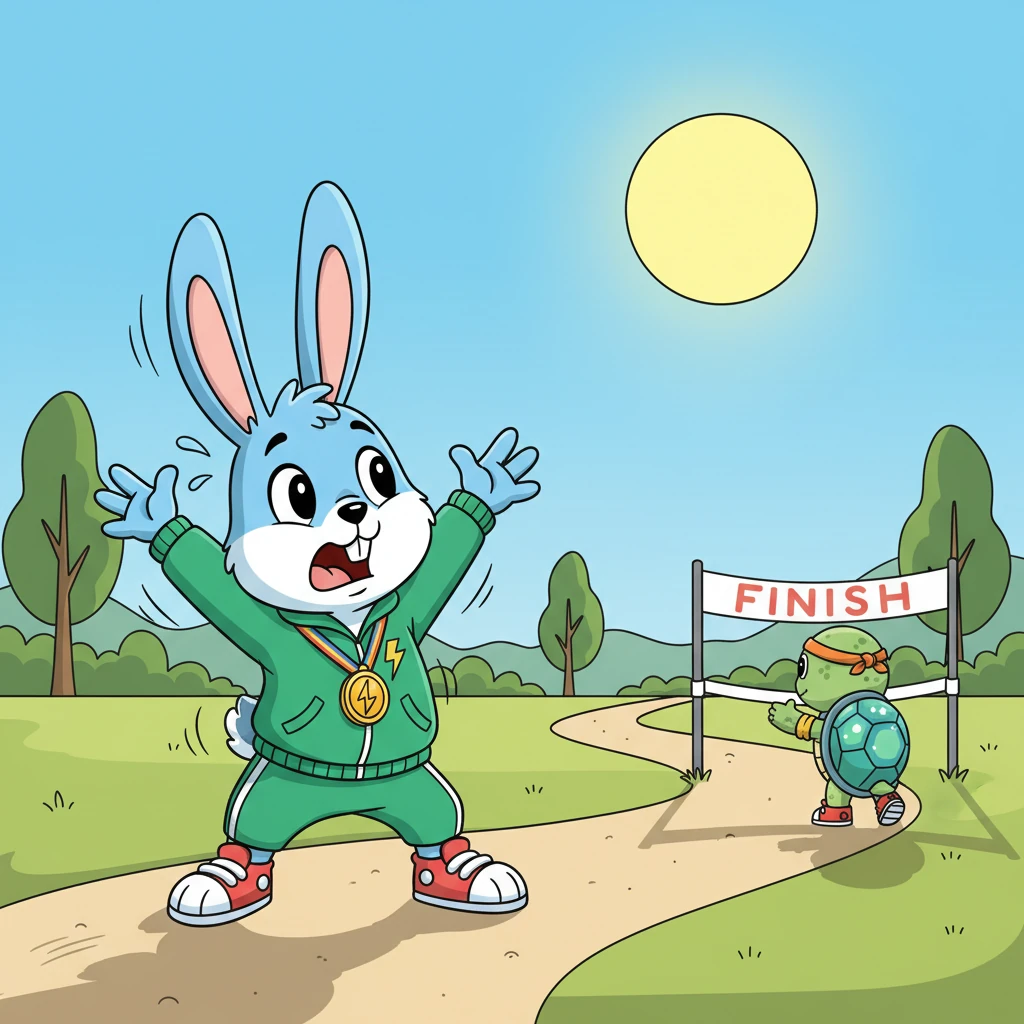 Suddenly, Pip awoke with a jolt, realizing the sun was much higher in the sky. He stretched, shook his sleepy head, and looked towards the finish line. To his absolute astonishment, he saw Shelly almost there!