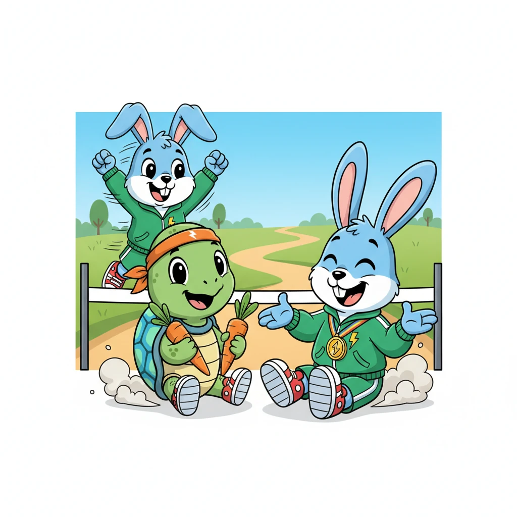 Pip dashed with all his might, a whirlwind of speed, but it was too late. Shelly crossed the finish line just as he arrived, winning the race! Pip, though surprised, learned a valuable lesson about patience, and they both shared a laugh and a delicious, well-earned carrot.