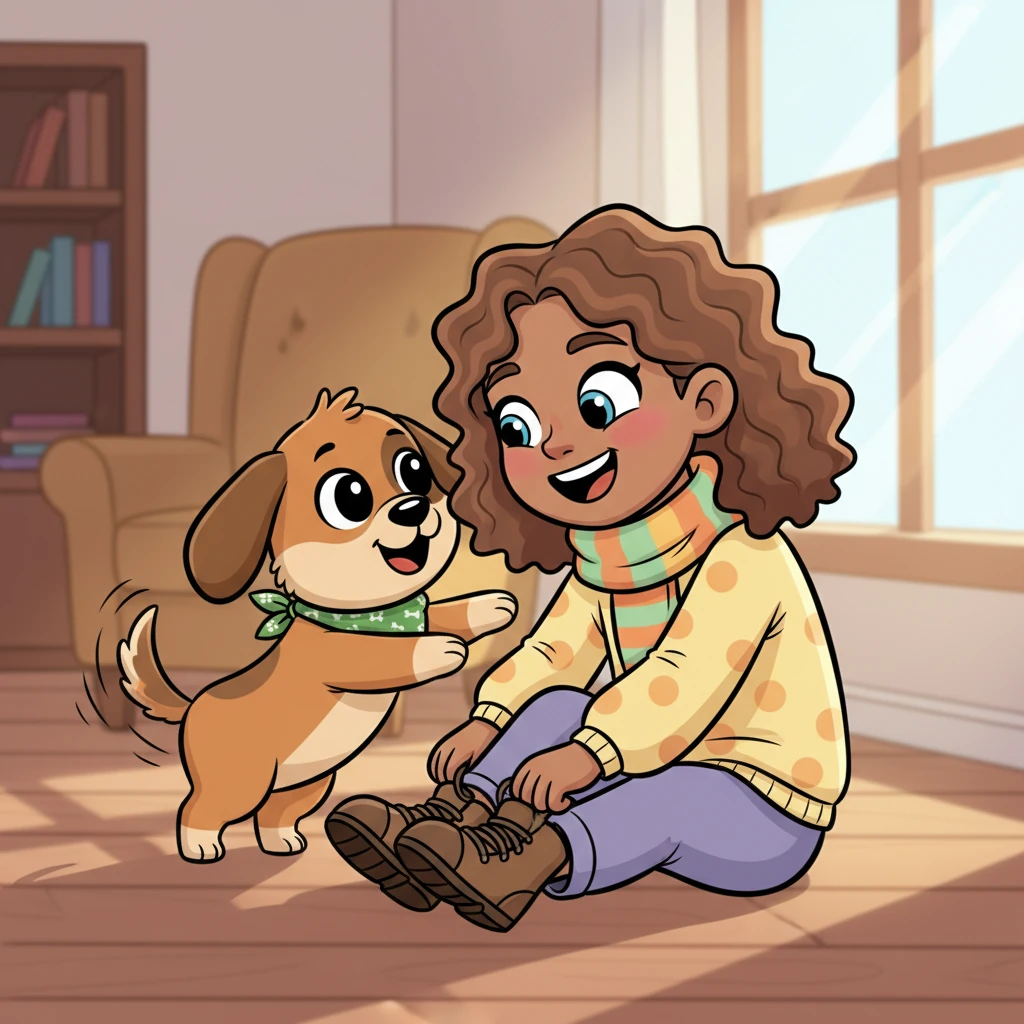 One sunny morning in Amber Valley, Dex, a happy brown dog with floppy ears, wagged his tail excitedly. His Mum, Carol, was putting on her walking shoes, which meant only one thing: adventure time!