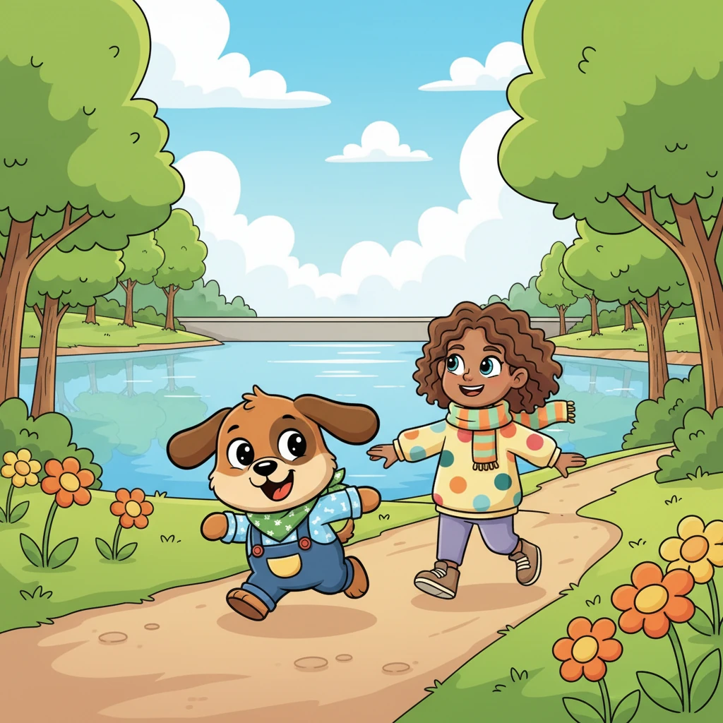 They set off, their path winding alongside shimmering dams, reflecting the clear blue sky. Everywhere they looked, tall, leafy trees reached for the sun, and bright orange and yellow flowers dotted the grassy banks.