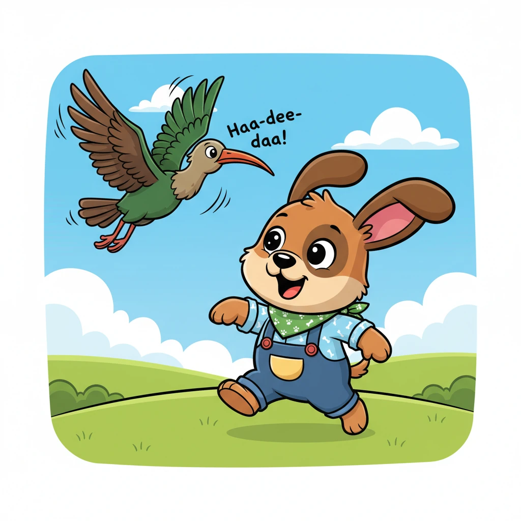Suddenly, a loud 'Haa-dee-daa!' echoed from above! A hadeda, with its long, curved beak, flew past in a flurry of feathers. Dex barked playfully, his ears perked up in surprise.