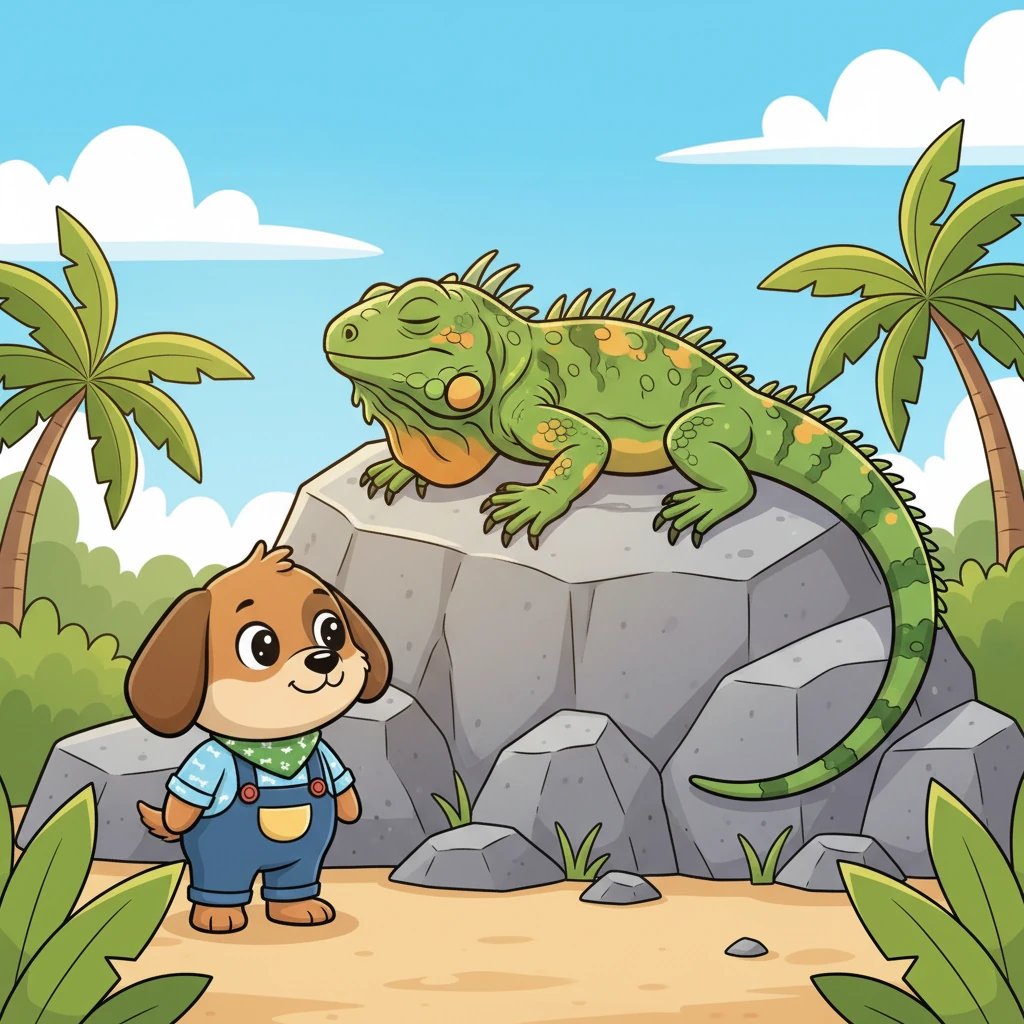 High on a sun-warmed rock, a long, green leguan stretched out, enjoying the warmth. Dex sniffed the air curiously, keeping a respectful distance from the ancient-looking reptile.