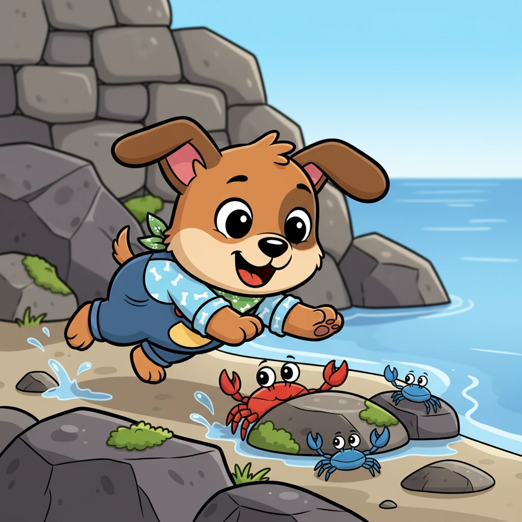 Closer to the dam, tiny crabs scuttled sideways over the wet stones. Dex playfully pounced at one, giggling as it quickly disappeared under a rock, its little eyes peeking out.