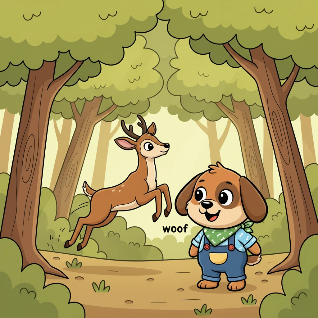 Deep within a cluster of trees, a graceful buck suddenly darted out, its slender legs carrying it swiftly. Dex woofed softly, thrilled by the fleeting glimpse of wild beauty.