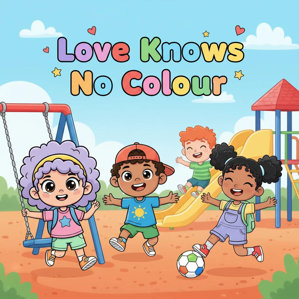 Bright playground, children running with wide smiles, slides and swings are softly blurred in the background. The title “Love Knows No Colour” floats prominently in big, cheerful letters above a diverse group of kids happily playing together. The scene is full of vibrant colors and an inviting, celebratory mood.
