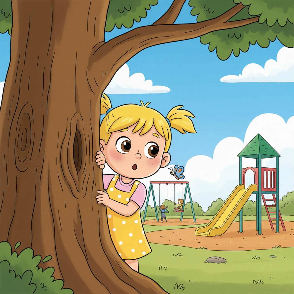 Little Sunny, with her bright yellow dress and pigtails, peeks around a big oak tree, her eyes wide with wonder. She has just moved to a new neighborhood and sees the bustling playground for the first time. A tiny butterfly flutters past her nose, as if welcoming her.