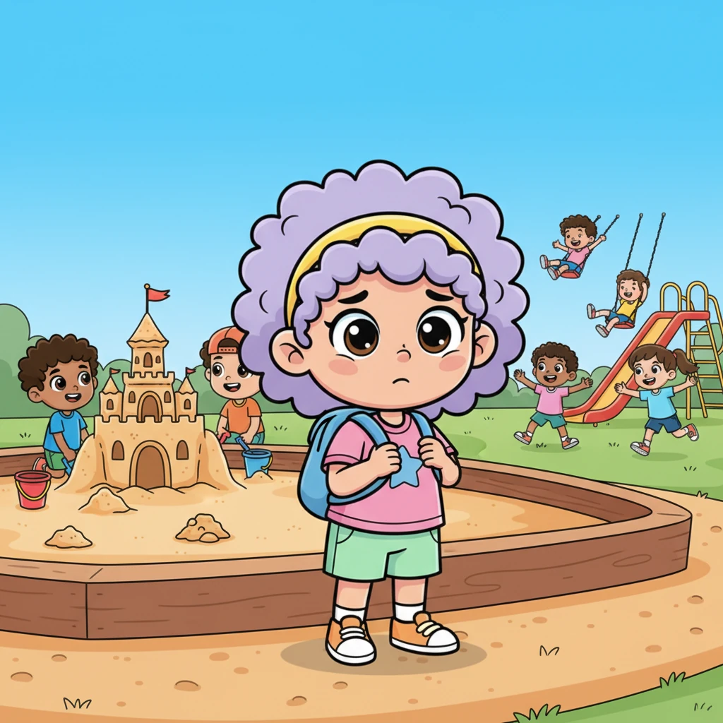 Sunny steps closer to the playground, a little shy but curious. She observes different groups of children playing: some are building sandcastles, others are chasing each other, and a few are swinging high. She feels a tiny bit lonely, unsure where to begin.