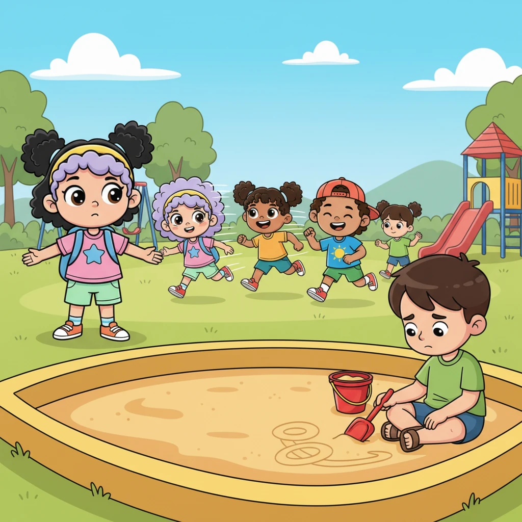 Sunny tries to join a group playing tag, but they zoom past her without noticing. She spots a quiet boy, Leo, sitting alone by the sandbox, drawing patterns in the sand with a stick. He looks a little sad, just like she feels.