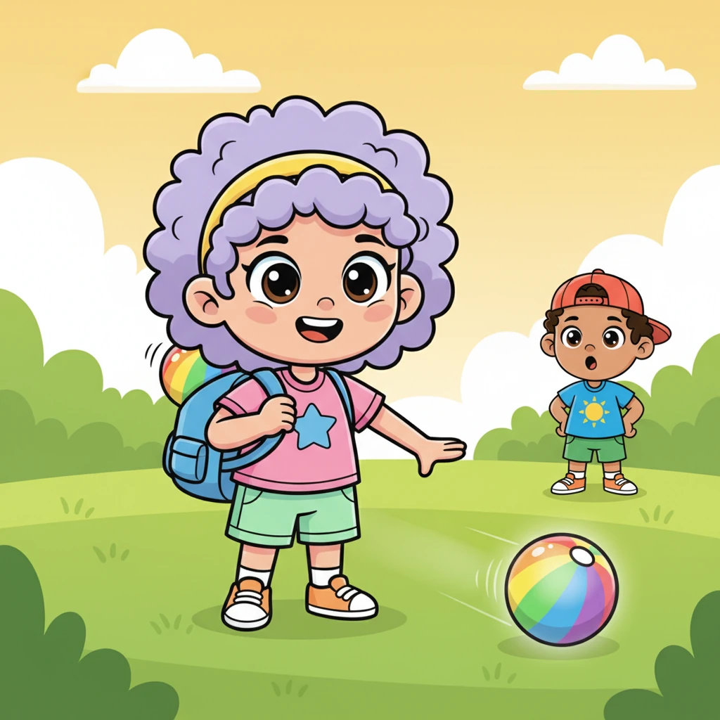 A brilliant idea sparks in Sunny's mind, making her eyes twinkle. She pulls a brand new, super bouncy rainbow ball from her backpack, its colors almost glowing. With a confident bounce, she sends it rolling towards Leo.
