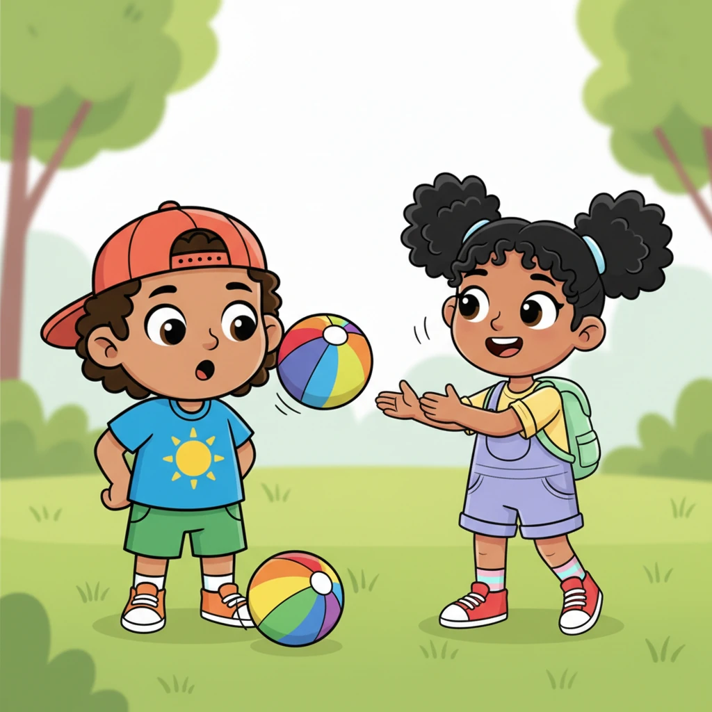 Leo looks up, surprised, as the rainbow ball gently bumps his foot. Sunny smiles warmly and invites him to play, her voice soft and friendly. Soon, they are giggling as they toss the colorful ball back and forth, their laughter echoing.