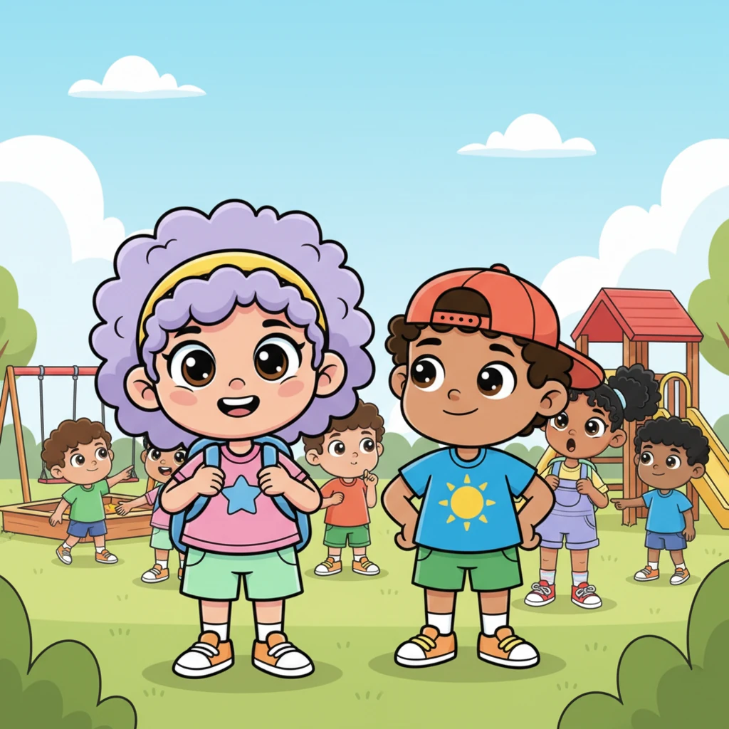 The sound of Sunny and Leo's joyful play catches the attention of other children. Curious faces turn towards them, then one by one, kids from different games and corners of the playground start to wander over. Their eyes sparkle with interest in the new game.