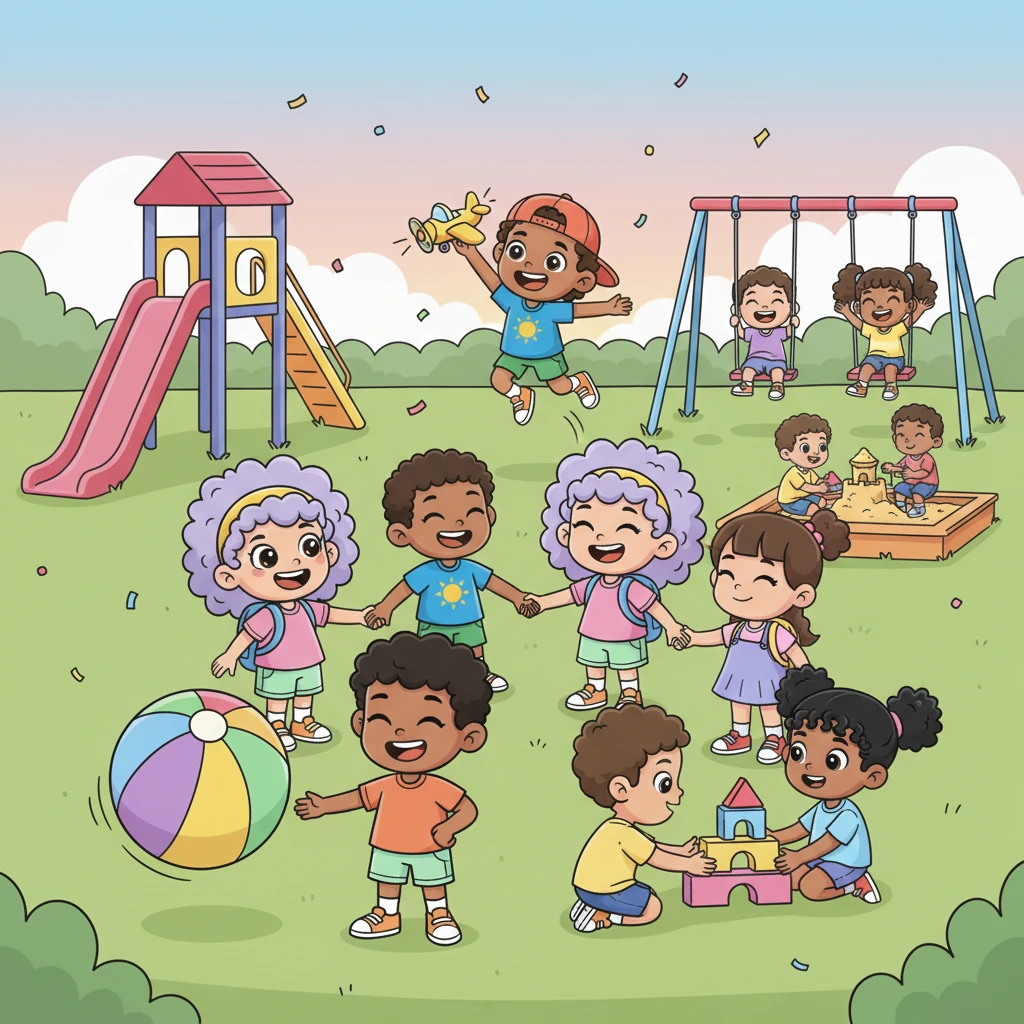 Soon, the entire playground is a whirlwind of fun! Children of all backgrounds, with different hair colors and skin tones, are playing together, chasing the rainbow ball and sharing their toys. Laughter fills the air as they form a big, happy circle of friends.