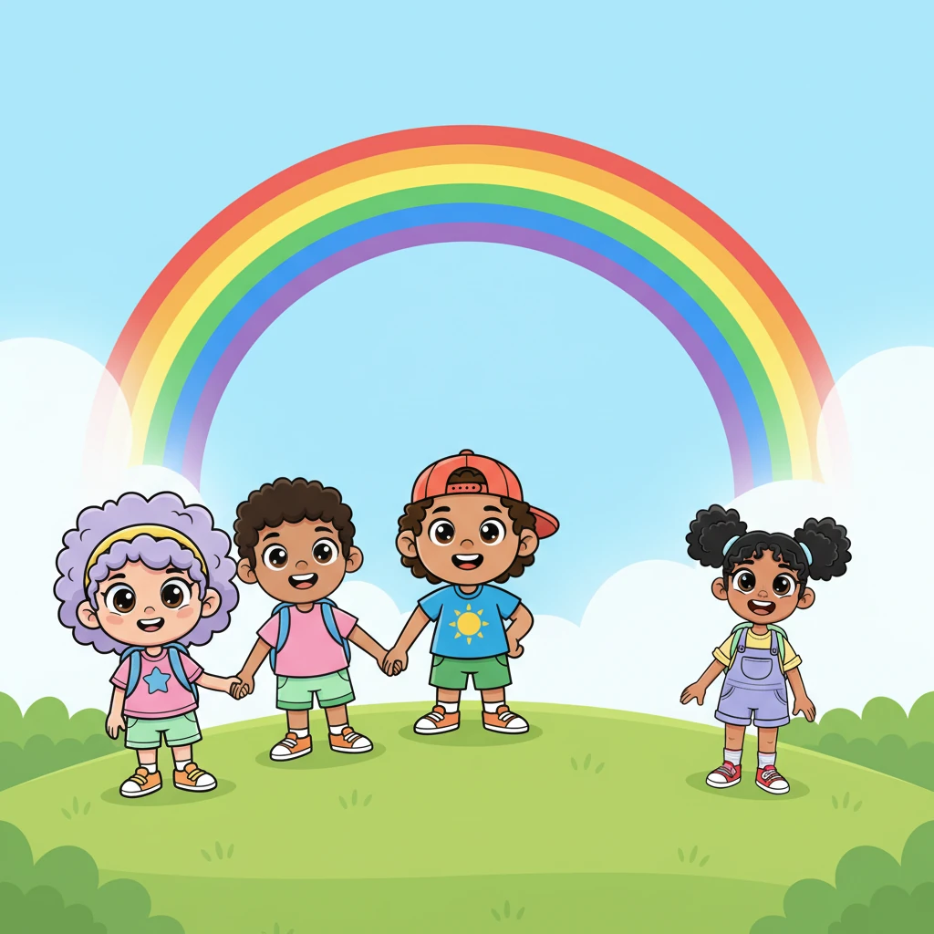 All the children, hands joined, form a magnificent, diverse chain of friendship, looking directly at the reader. A brilliant, arching rainbow, even brighter than Sunny's ball, stretches across the clear blue sky above them. The message is clear: love and friendship shine brightest when shared by all.