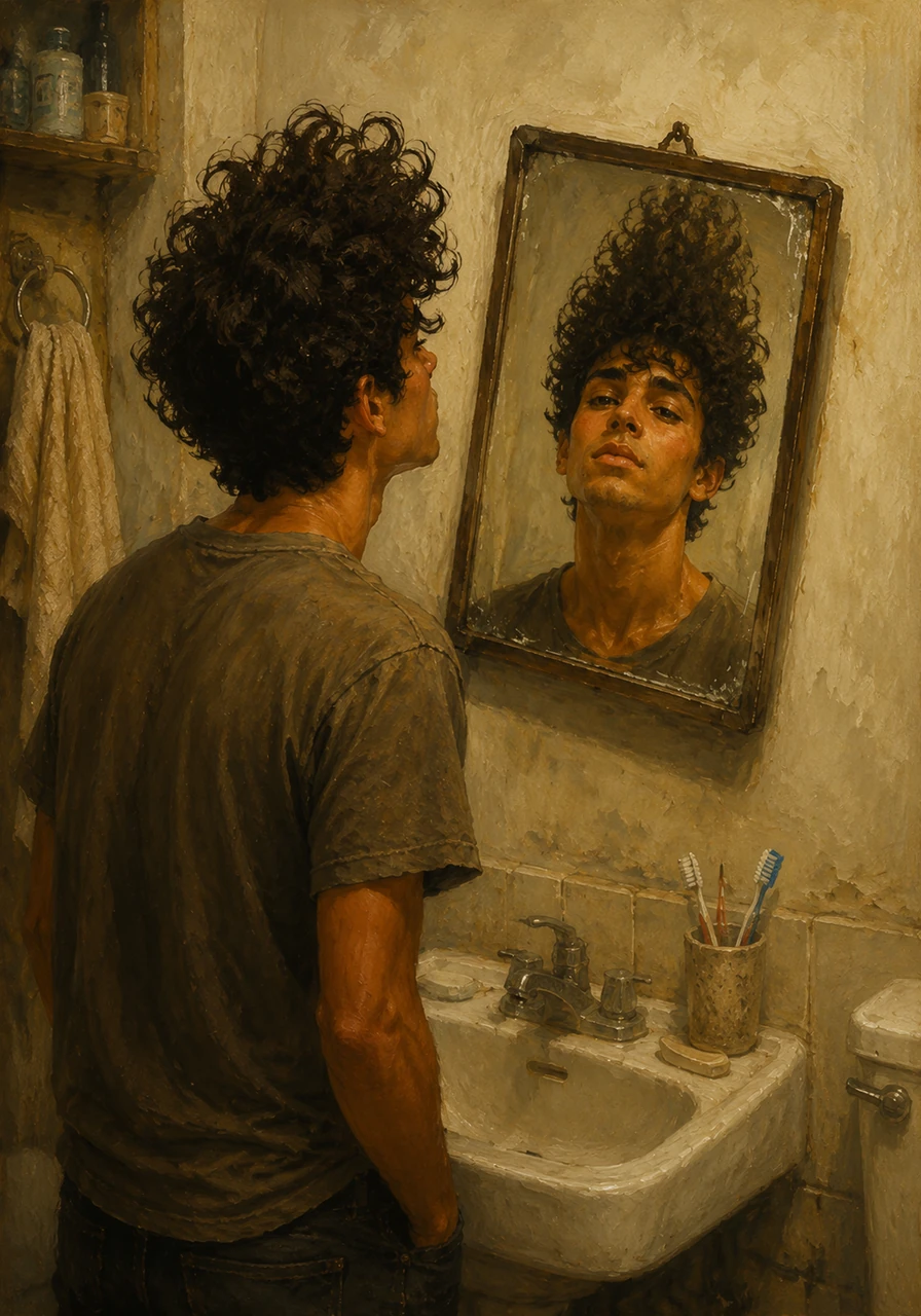 In the cramped bathroom, Jacob stares at his reflection in a small, tilted mirror streaked with old toothpaste. His hair stands three inches high in an elaborate, rebellious curl, looking back at him with a stubborn personality of its own.