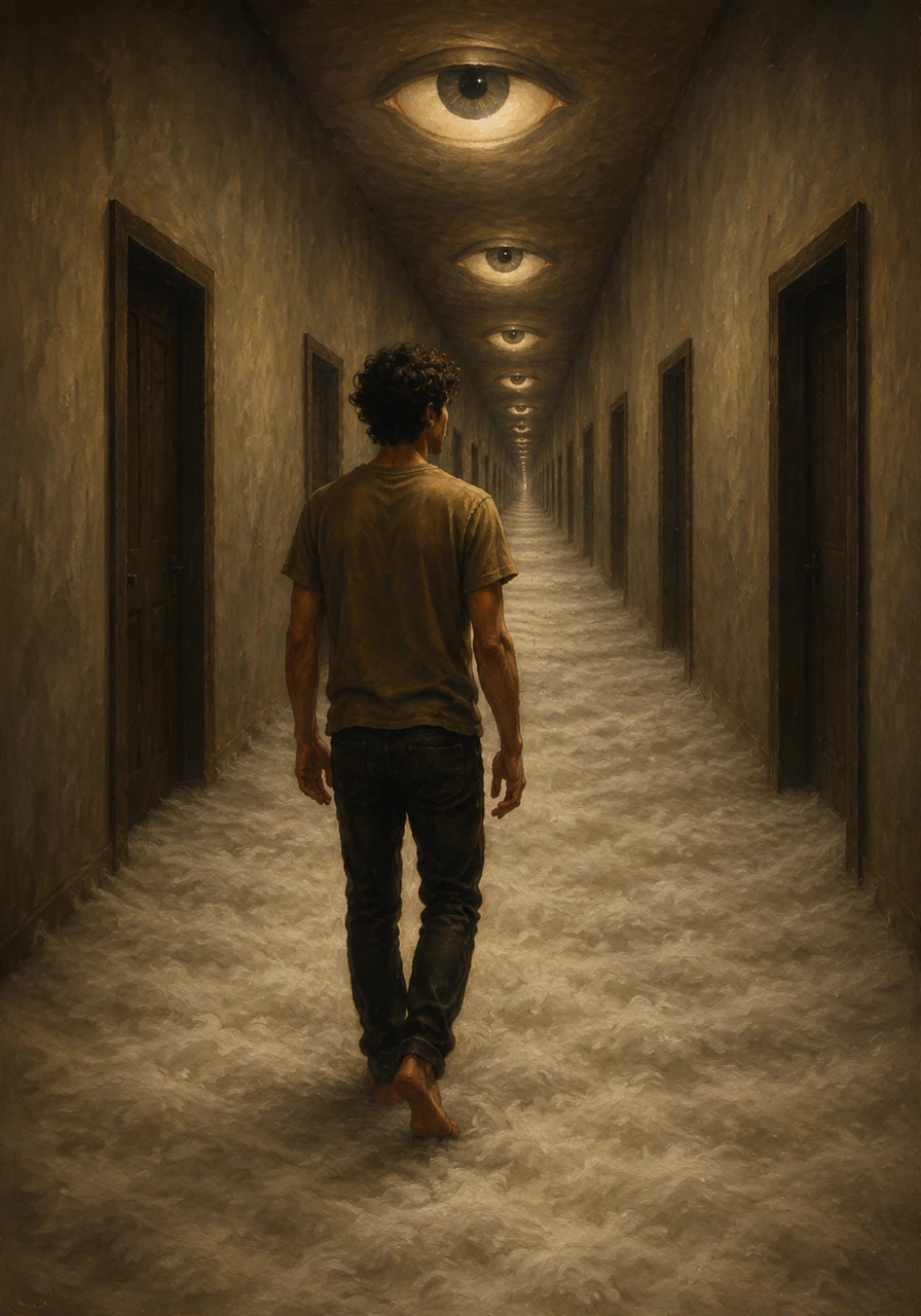 Beyond the door, a surreal hallway stretches much further than the building should allow, illuminated by glowing fixtures shaped like unblinking eyes. The carpet beneath Jacob's feet is unnervingly soft and colorless as he walks toward the distant end.