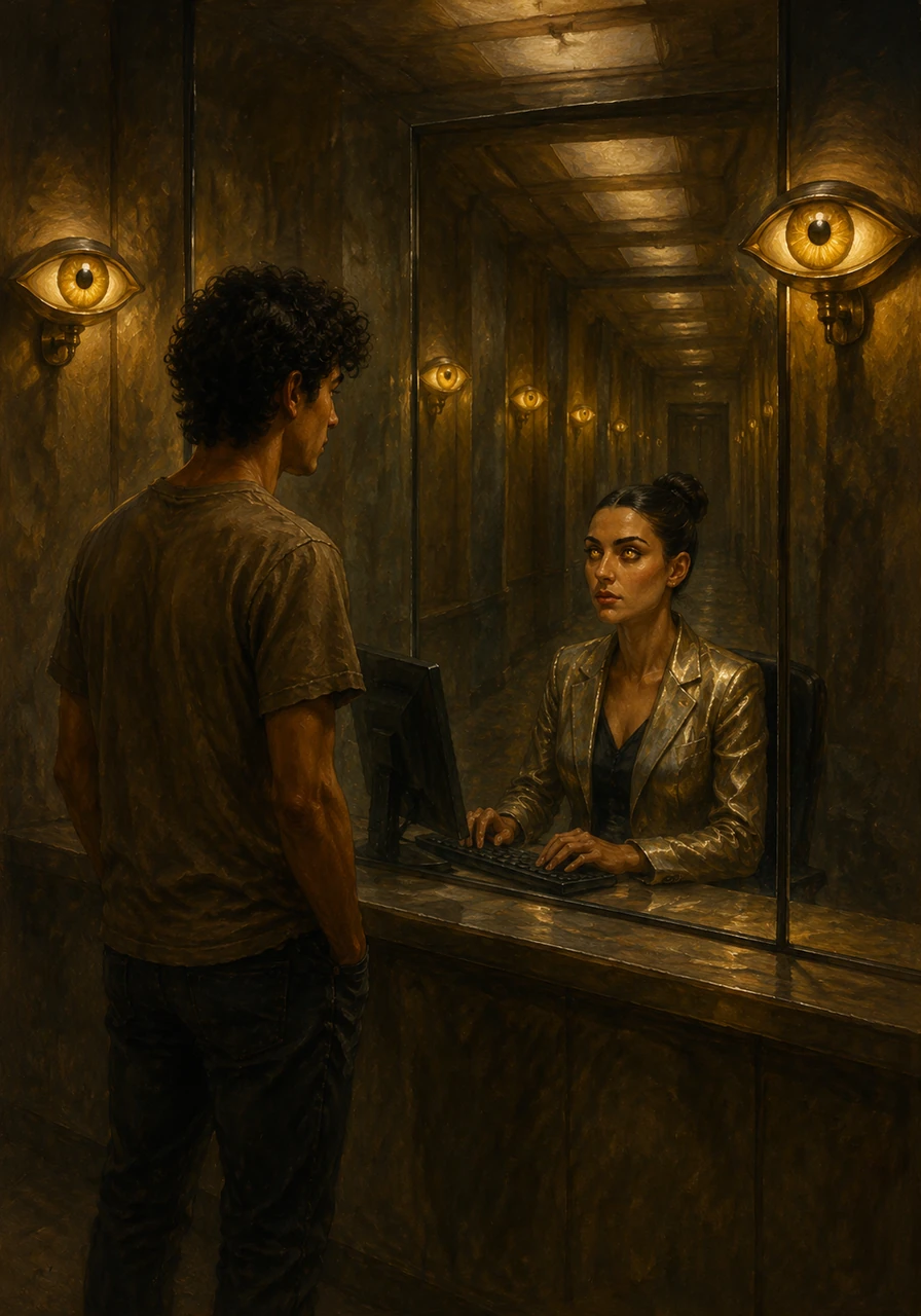 At the end of the hall, Jacob encounters a receptionist sitting behind a glass partition, her eyes perfectly matching the eye-shaped lamps on the walls. She wears a shimmering metallic blazer and types with a sense of professional boredom that masks the strangeness of the room.