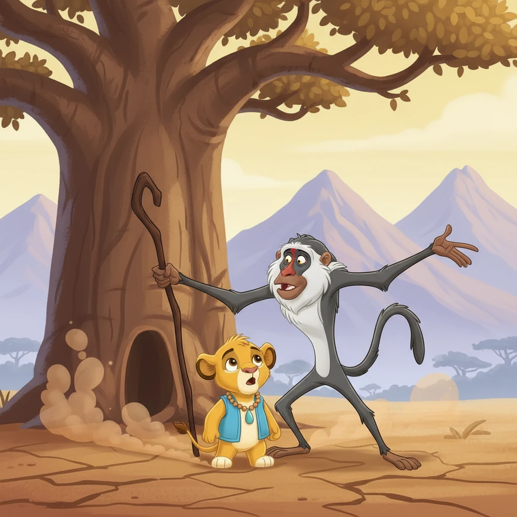 Suddenly, Rafiki, the wise baboon shaman, appeared, his eyes sparkling with ancient knowledge. He interpreted the baobab's message, speaking of the 'Whispering Falls,' a legendary spring high in the distant, misty mountains, said to be protected by the spirits of the land.