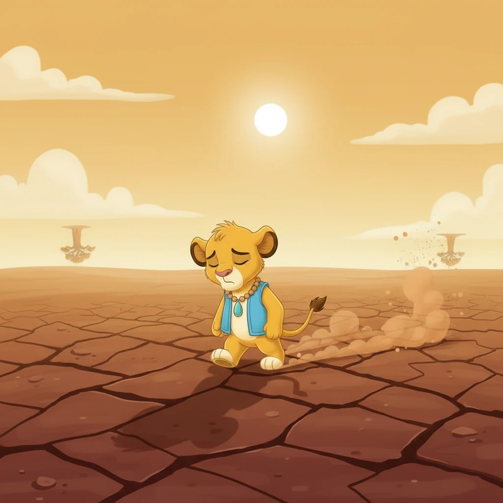 Simba began his arduous trek across the vast, cracked earth, under the relentless, scorching sun. Mirages danced on the horizon, teasing him with false promises of water, and his thirst grew with every weary step. Yet, his resolve to save his kingdom pushed him onward.