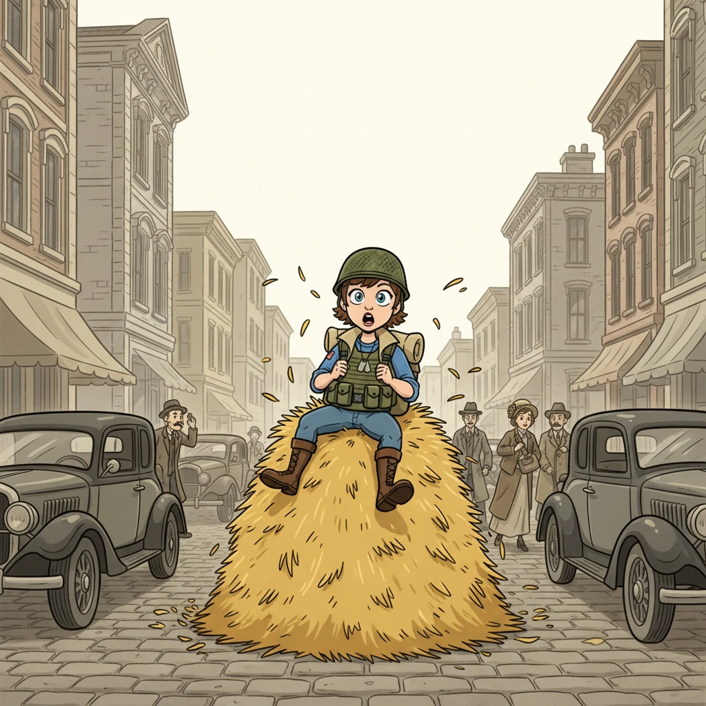 Алексей приземлился на мощеную улицу, приземлившись прямо на стог сена. Вокруг него были старинные автомобили, люди в необычной одежде и дома, которые выглядели так, будто сошли с черно-белых фотографий. «Где я? Это что, съемки фильма?» — пробормотал он, осматриваясь.