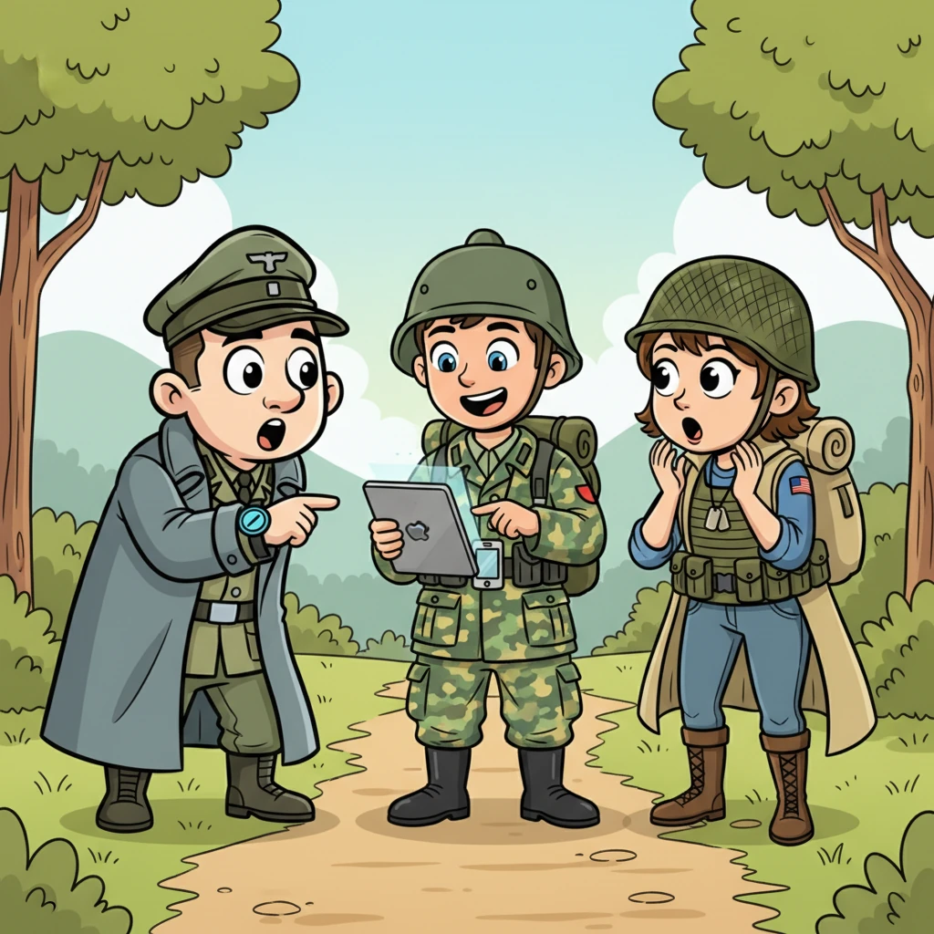 Солдаты посмотрели на его современную униформу и гаджеты с недоумением. Алексей показал им свой планшет: «Это мой навигатор, а это – средство связи». Солдаты переглянулись. «Навигатор? Связь? Это что за новые технологии?» — воскликнул один, явно впечатленный.