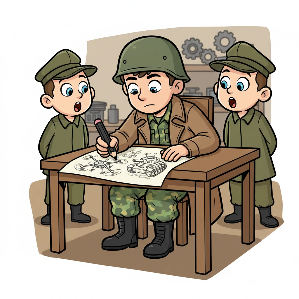 Пытаясь скоротать время и найти способ вернуться домой, Алексей начал делать наброски на листе бумаги. Он нарисовал схему квадрокоптера, который видел на учениях, и модернизированный танк, просто для забавы. «Это просто каракули», — сказал он, но инженеры смотрели на них с благоговением.