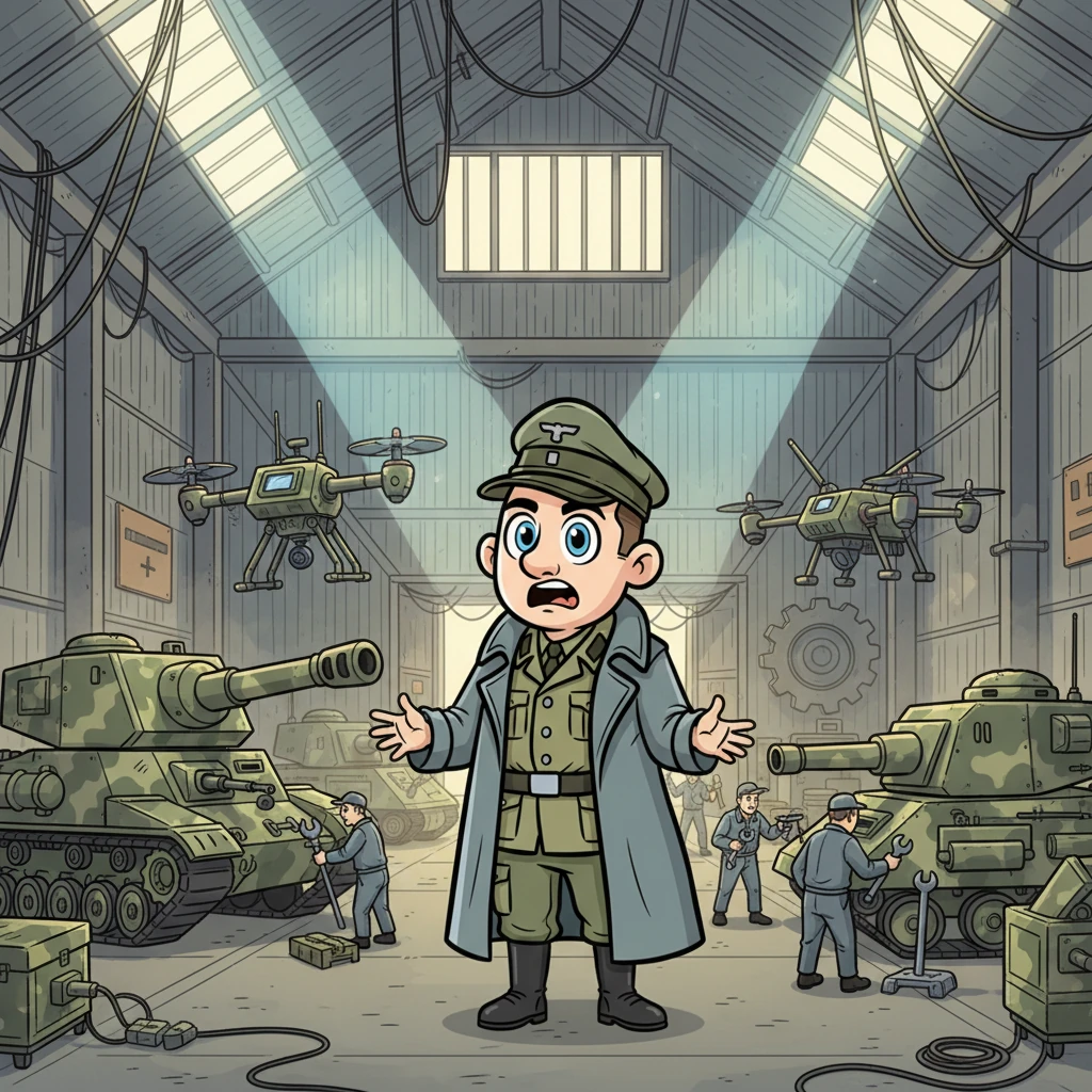 Алексей стоял посреди огромного ангара, где уже собирались прототипы «его» изобретений – от модернизированных танков до первых беспилотников. Он осознал, что случайно помог Рейху, и его лицо выражало смесь ужаса и недоумения. «Как же я в это вляпался?» — прошептал он, окруженный шумом новой эры вооружений.