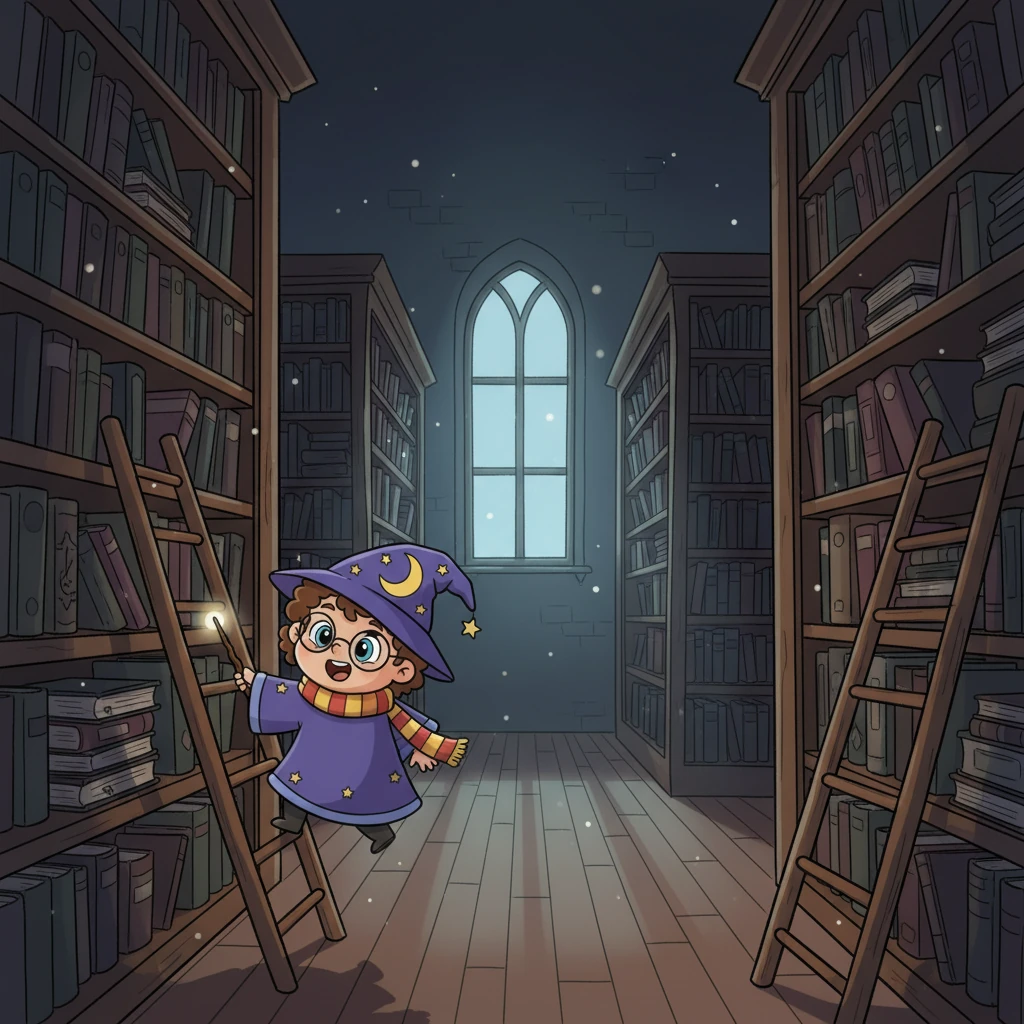 The old library lay silent and dark under the shroud of night. Dust motes danced in the faint moonlight as the camera slowly drifted along the towering shelves, filled with forgotten stories.