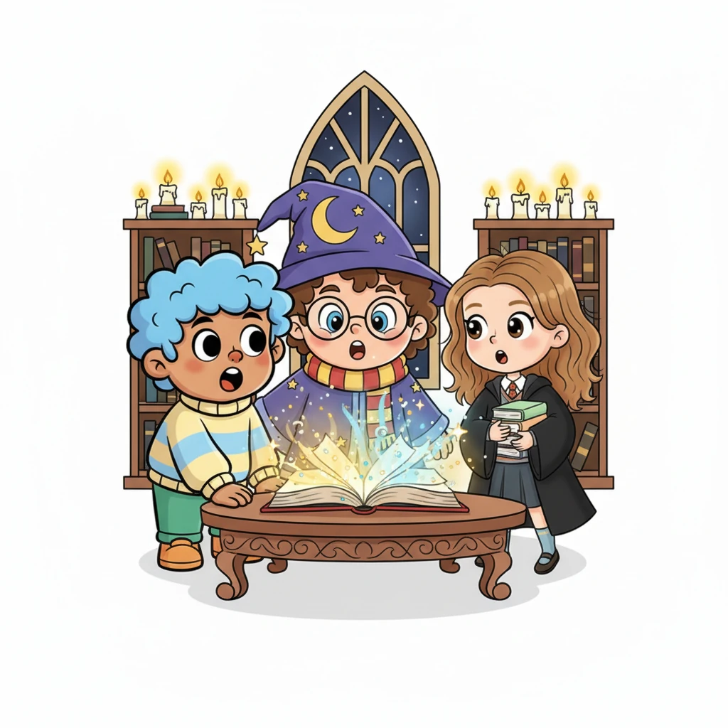 Suddenly, a soft golden and blue light began to pulse from within the books. Pages rustled with an unseen breeze, and tiny, glittering sparks erupted from their covers, hinting at magic stirring within.